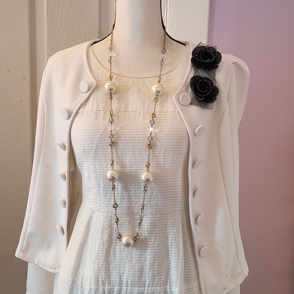 Chunky Faux Pearls Faceted Acrylic Crystals Station Style Gold Tone Necklace